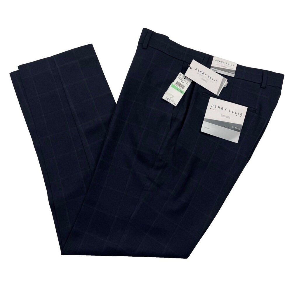 NEW PERRY ELLIS MENS 34X32 NAVY CHECK SLIM FIT SOFT TROUSERS DRESS PANTS SLACKS